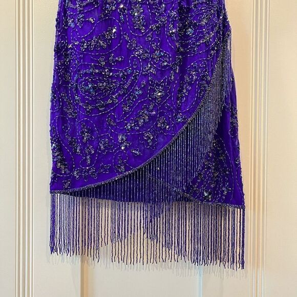 VTG Stenay Women 4 100% Pure Silk Royal Blue Beaded Fringe Elegant Flapper Dress - Picture 5 of 15